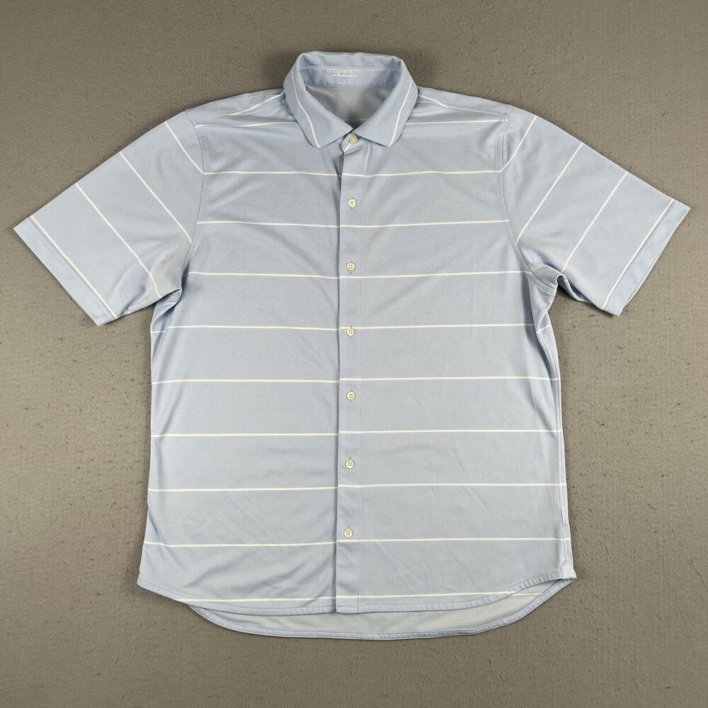 Fairway Greene Shirt Mens L Blue Striped Natural Short Sleeve Collared Button Up